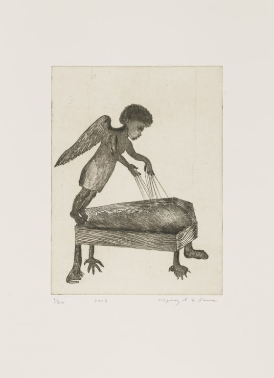 An angel with short, dark hair leans at an acute sixty-five-degree angle atop the base of a wooden coffin. Strings radiate down from the angel’s fingers and disappear into the top portion of the coffin. The coffin has four feet, each resembling the foot of a different animal.