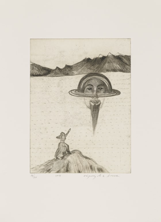 A woman stands atop a hill in the foreground with one hand behind her head and the other outstretched pointing to a large, bearded, floating head in the midground. Rings encircle the head at the center of its nose giving it a celestial appearance. Snow-peaked mountains in the background.