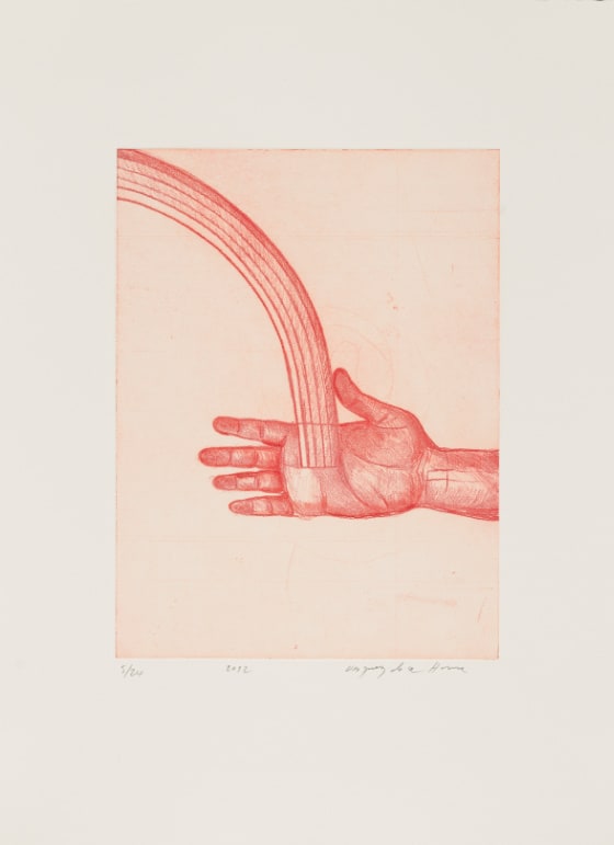 The palm of a hand outstretched from the right edge of the composition, fingers pointing to the left. A rainbow emerges from the center of the palm and extends to the top left corner. It is shaded monochromatically in terracotta-orange.
