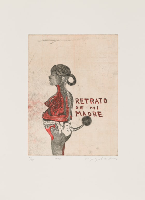 A woman stands in profile facing left with her hand resting on her stomach. Some of her organs are visible and colored in red. She has a tail with a black sphere at the tip. To the right of her back, the words Retrato de mi madre.