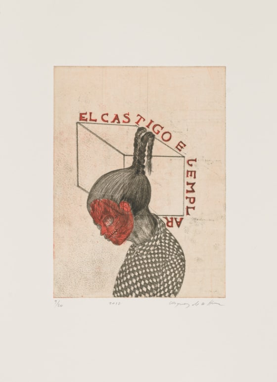 A figure in profile facing left from the chest up. The face is red, and long, dark hair is pulled up in two braids that drape over a rectangular cube. The words El castigo ejemplar in red run from the top to the bottom right of the cube.