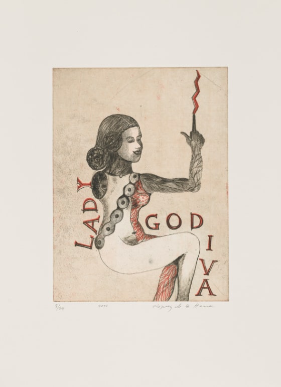 A woman with dark hair pulled back in elaborate braids sits back with her knees pointing to the right. She has only one arm on the right side of the composition, and it points upward in a finger-gun position with a red lightning bolt coming out of the pointer. The word “Lady” is at her back, and the word “Godiva” runs along her knees.