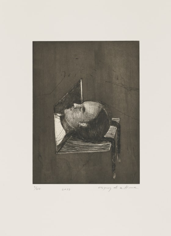 A head emerges through an opening on the left-hand side of the composition and rests facing upward on a wooden plank. Two dark, long braids hang over the edge of the plank.