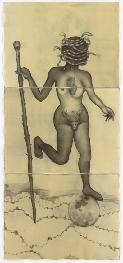 A nude female figure. Her head is in profile facing right and is encircled by snakes. A human heart is visible between her bare breasts. She holds a tall stick with a circular orb at the top on the lefthand side of the composition. A stag head with long antlers is drawn over her vagina. She stands on one leg on top of a globe-like sphere, with the other leg bent upwards toward the lefthand side.