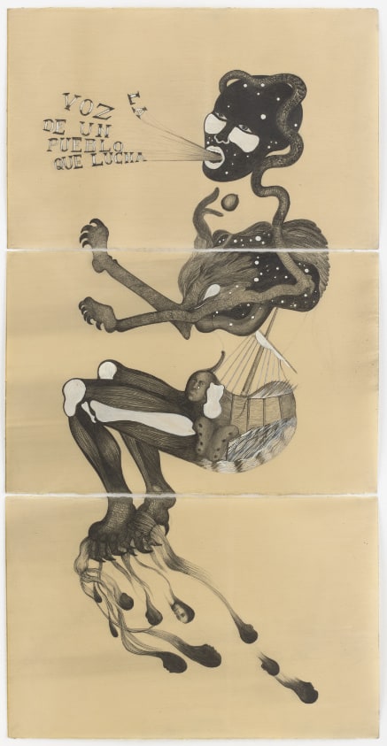 A figure that hints at the human form in profile facing left. Its arms are outstretched, and legs bent at the knee with pointy claw-like nails on hands and feet. From the top of the thigh, a ship figure is in the place of the tailbone and spine. Lines extend out of the mouth to text in the upper left that reads, “La voz de un pueblo que lucha,” (The Voice of a Nation That Struggles).