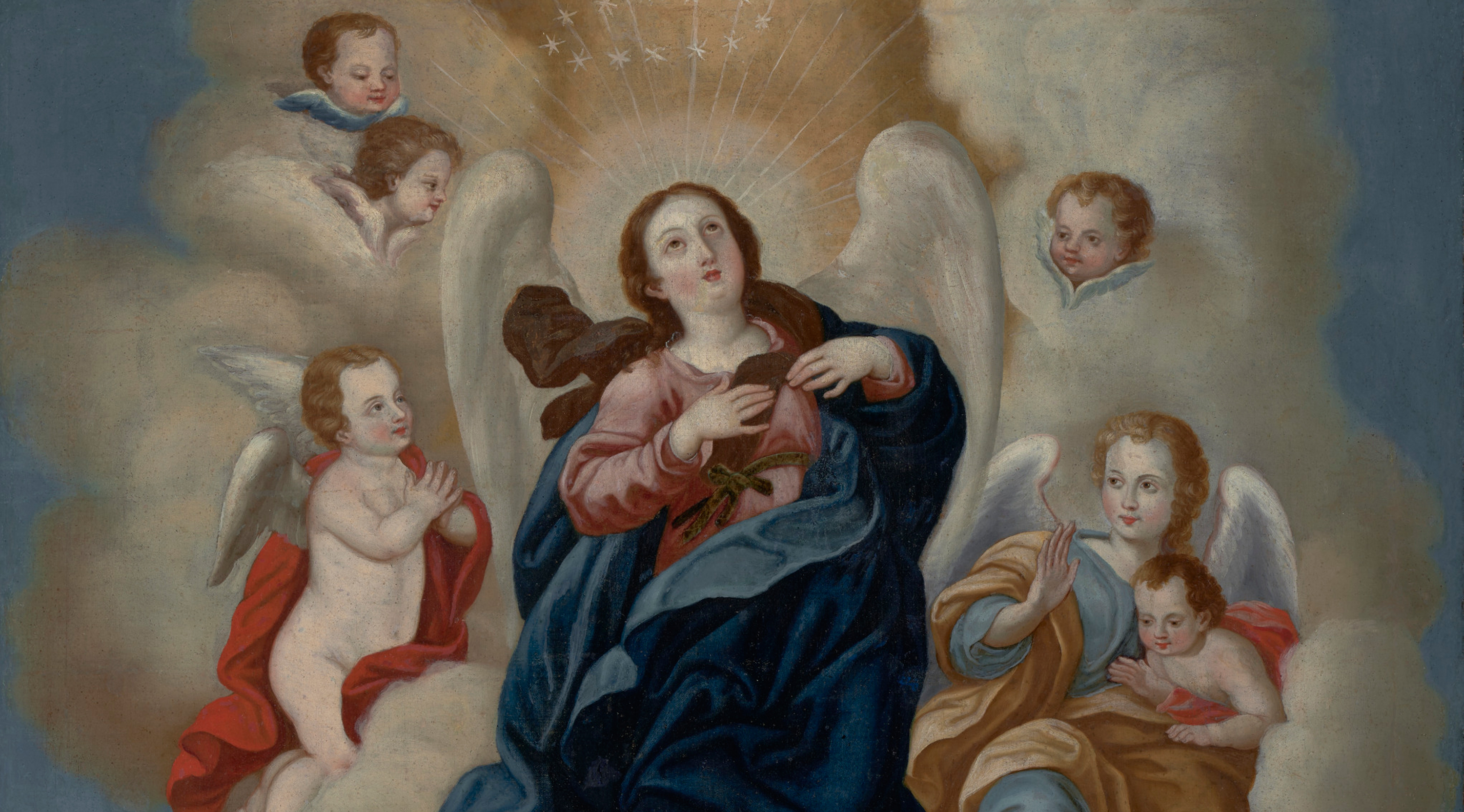 The virgin Mary floating int he sky surrounded by angelic cherub babies