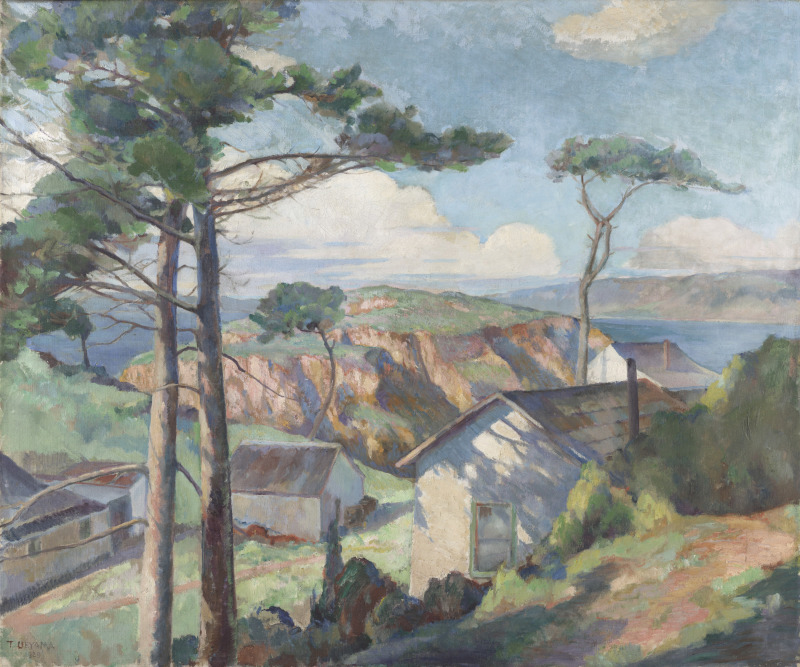 Painting of white houses admist tall trees overlooking the sea