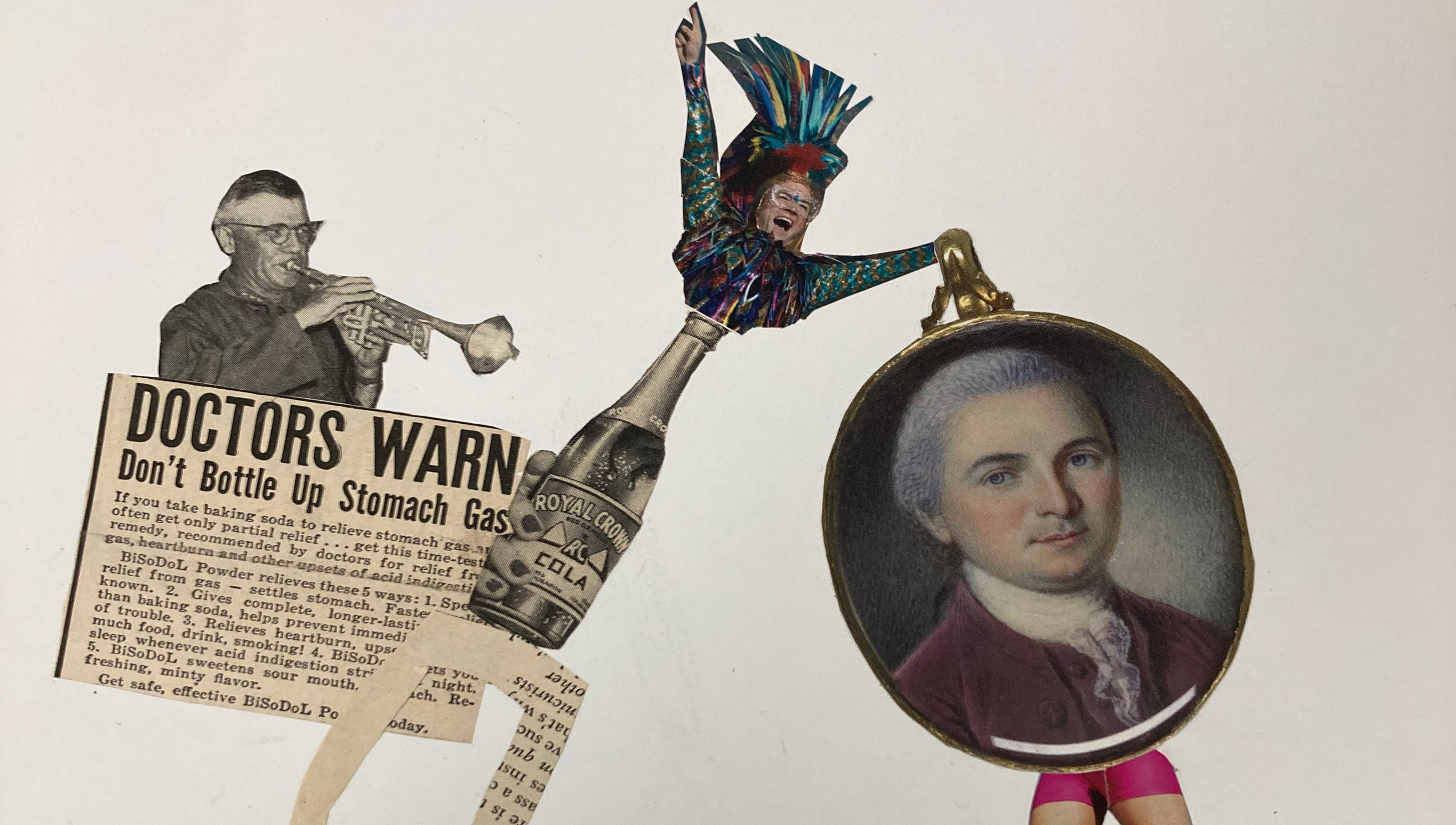 Mixed media collage of newspaper text and images