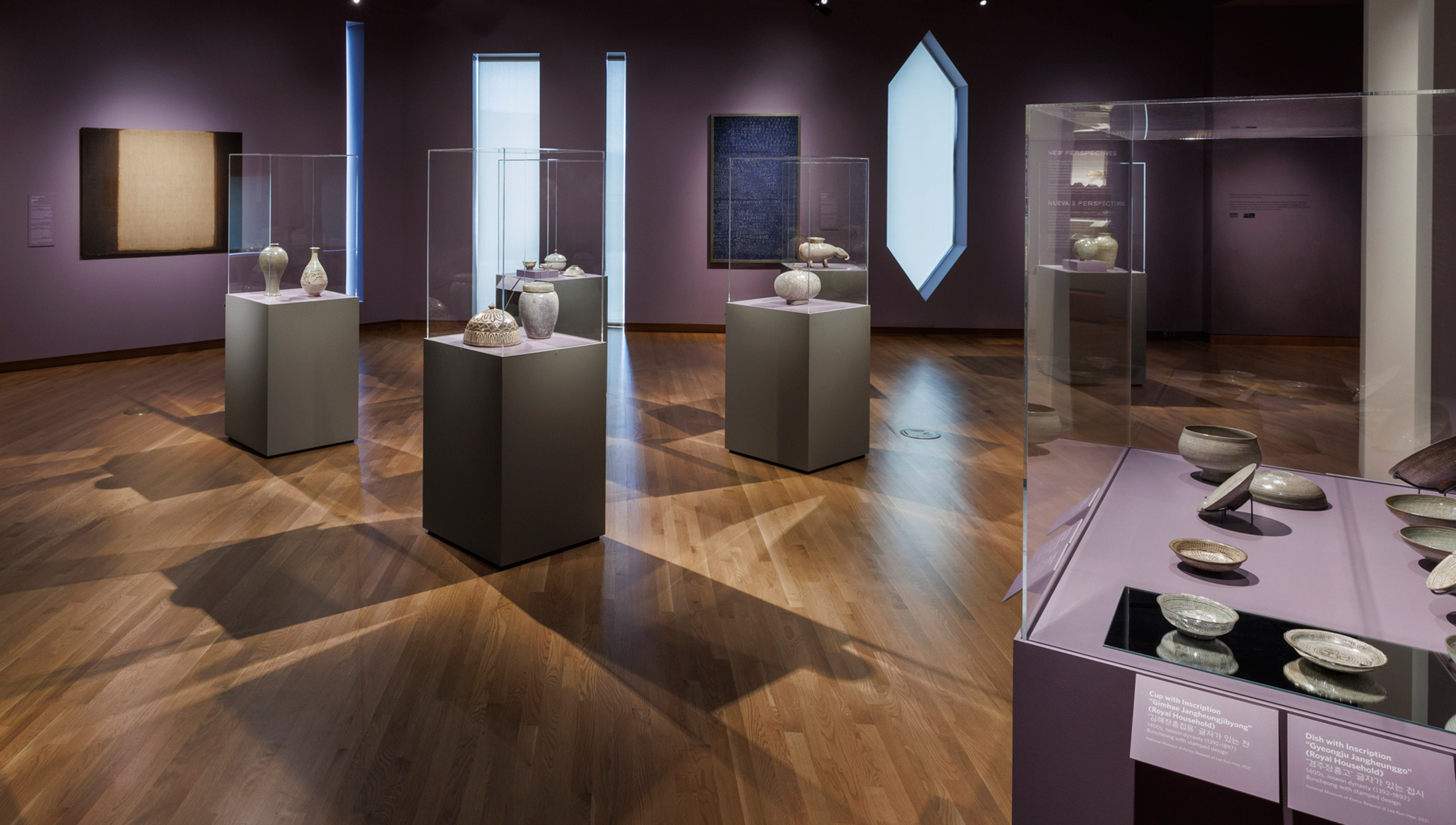 ceramics in glass cases in the exhibition