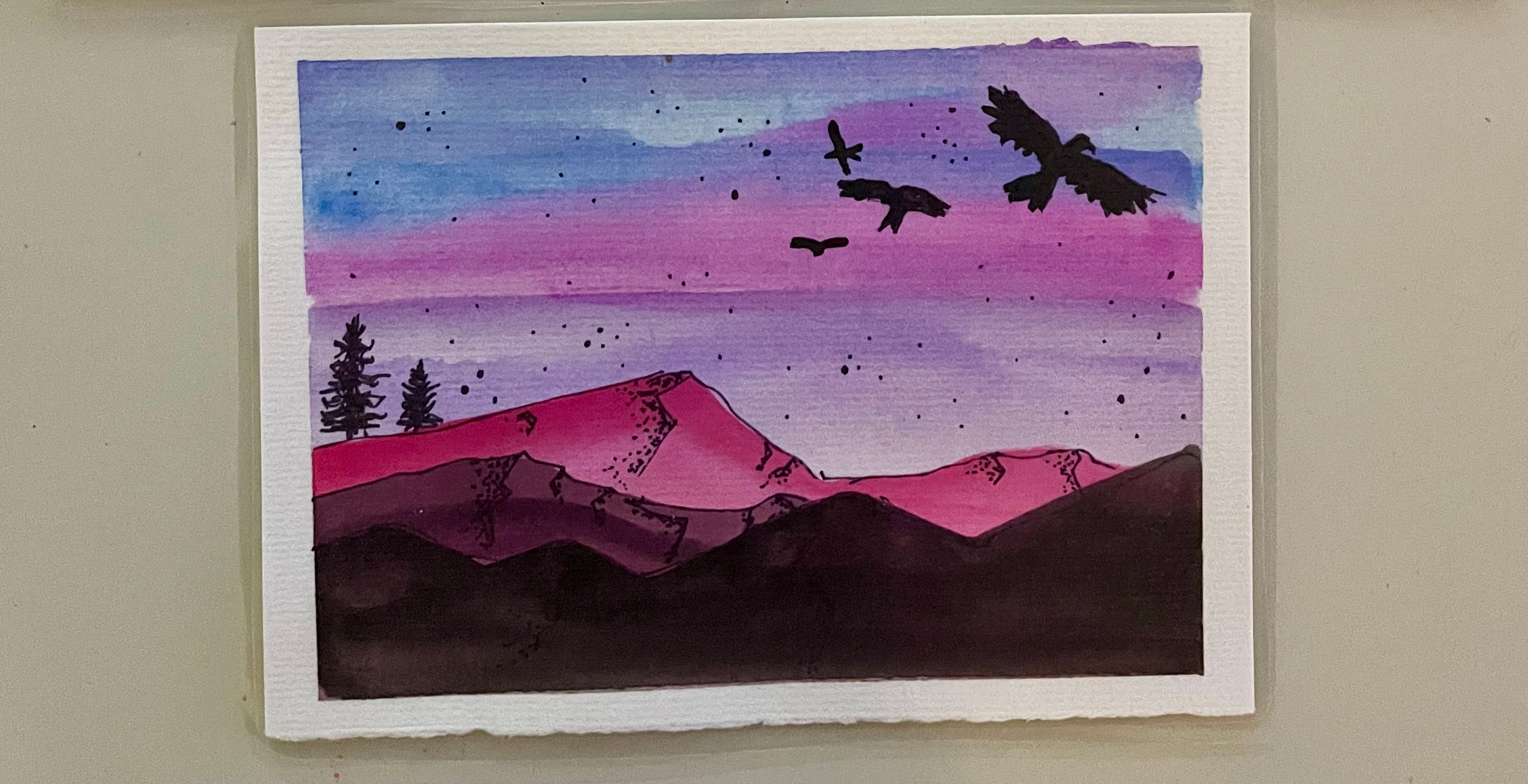 Mountain landscape watercolor painting in the shape of a postcard