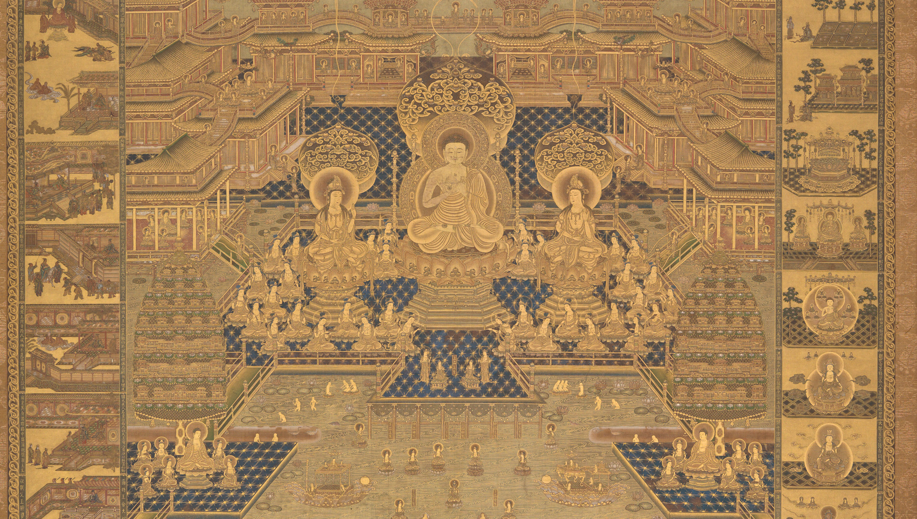 Paneled mandala tapestry showcasing imagery and iconagraphy of Asian history