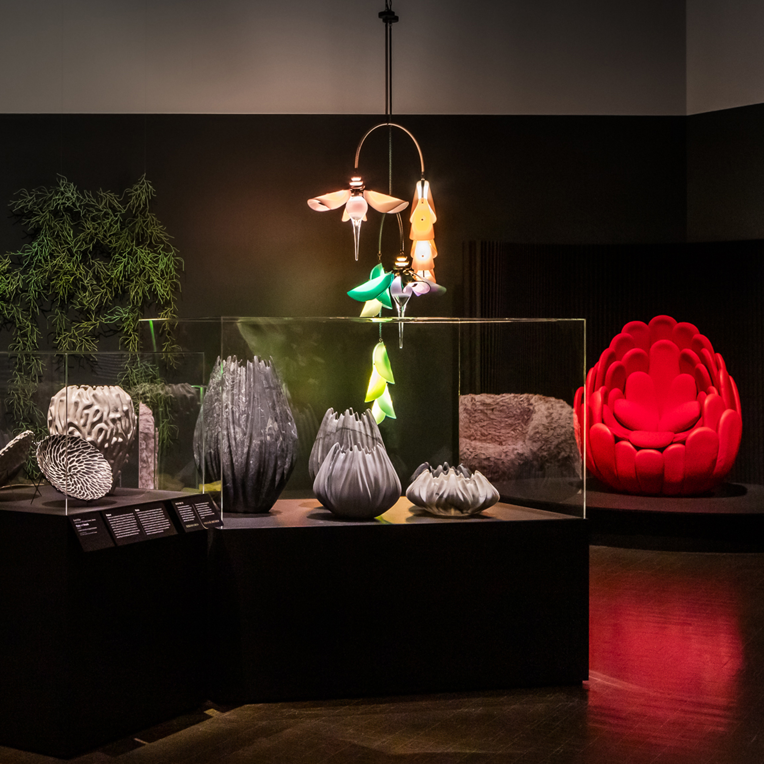 chair, chandelier and other objects in the Biophilia exhibition