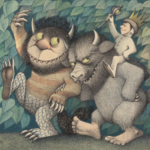 Wild Things monsters carrying Max on their shoulders while they dance and parade together