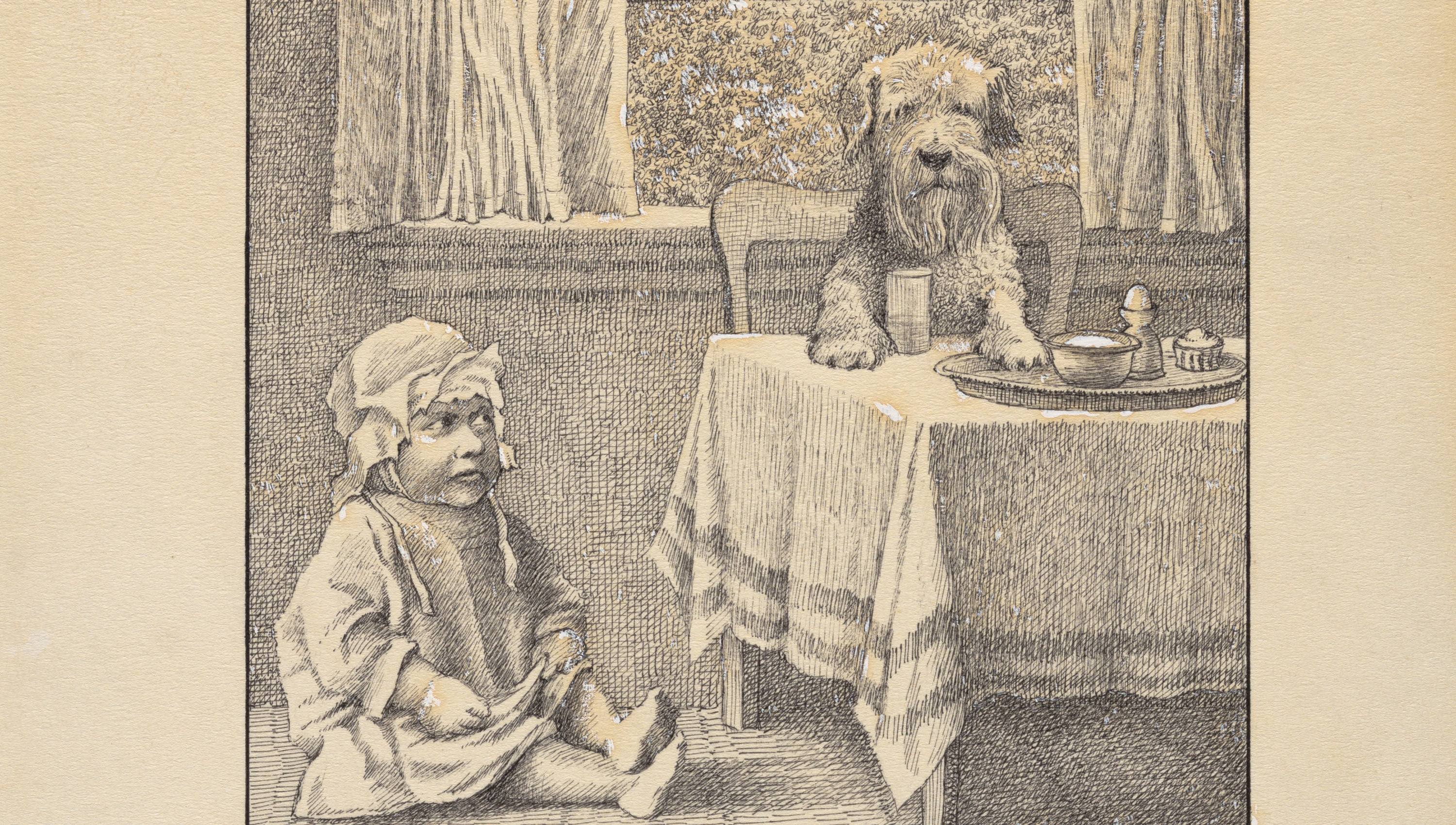 sketch from Higglety Pigglety Pop! of a baby sitting on the floor next to a table where a dog is sitting on a chair