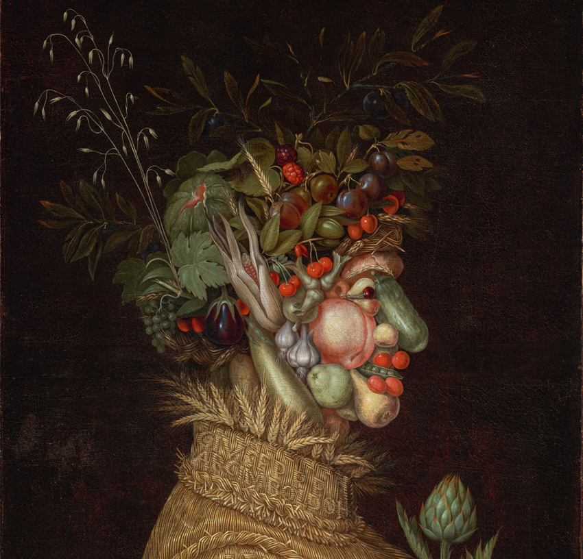 Side profile of a man composed of fruit