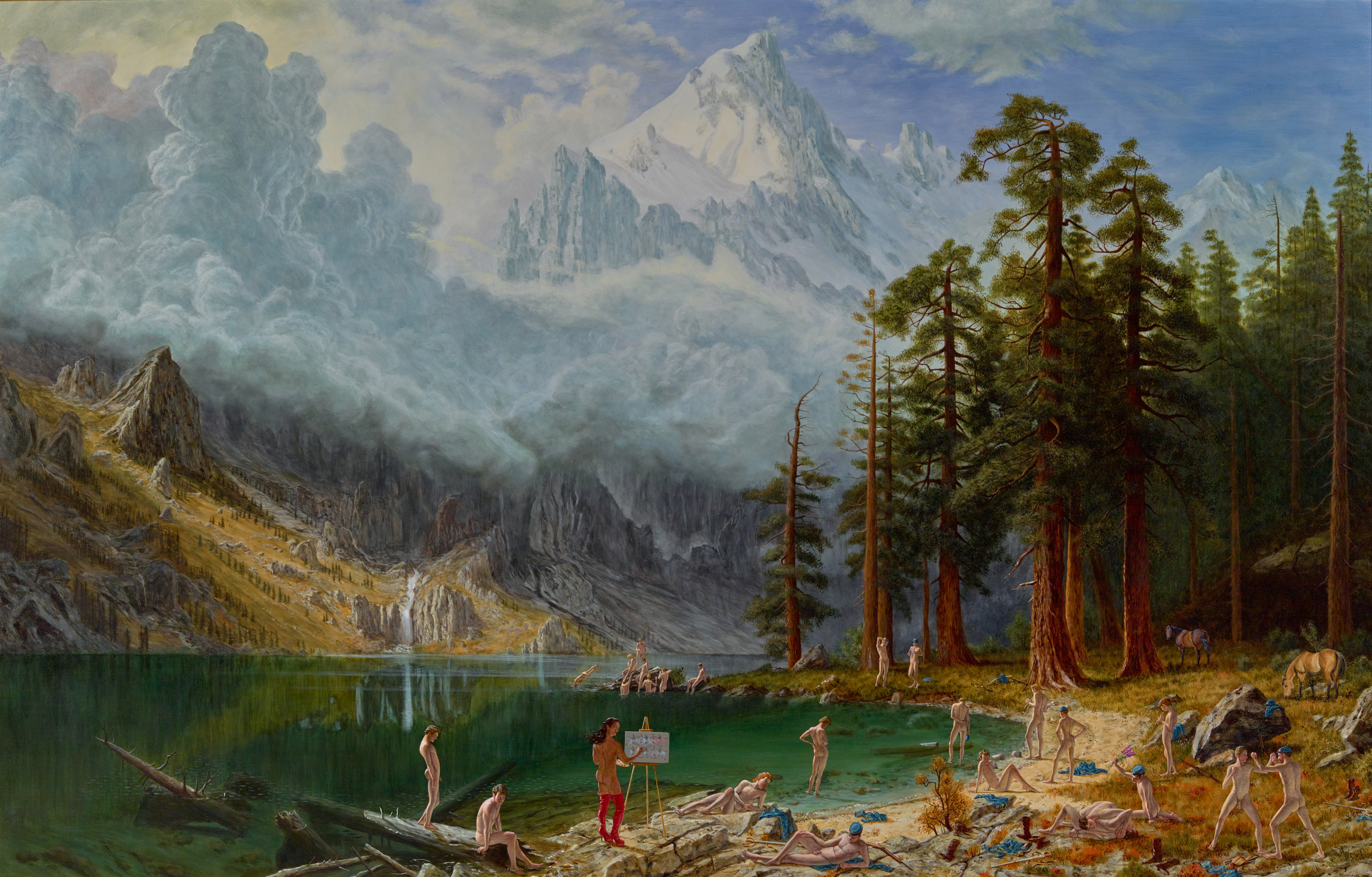 Lakeside forest scene with naked people and Native American figures painting