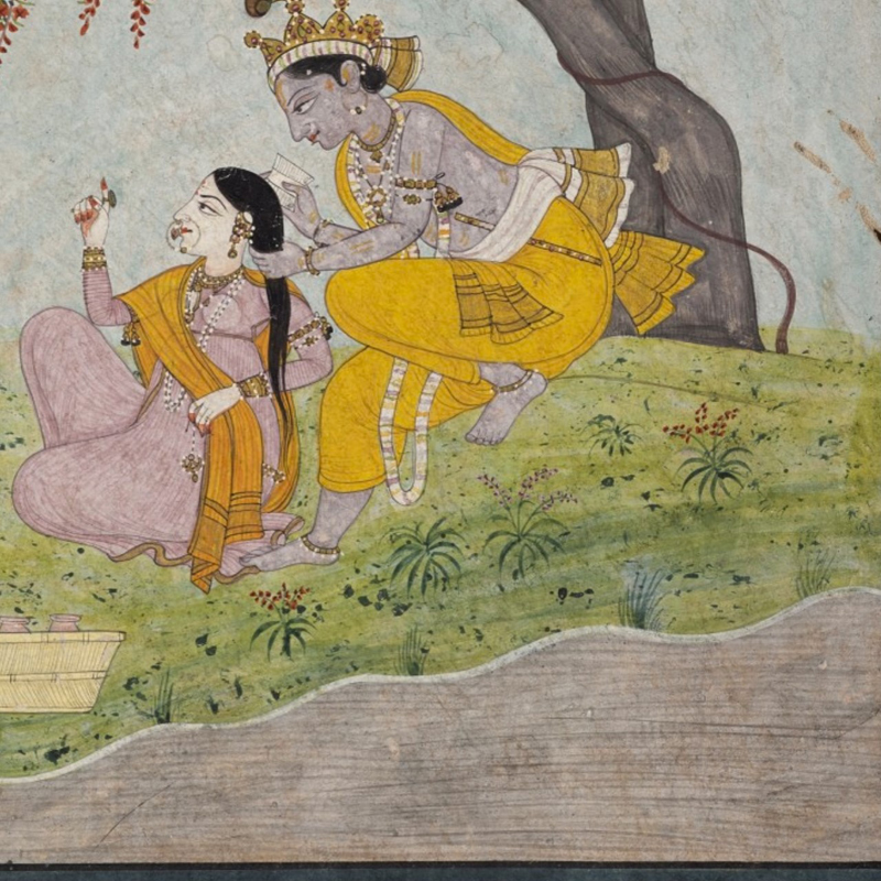 Painting depicting Krishna combing Radha's hair