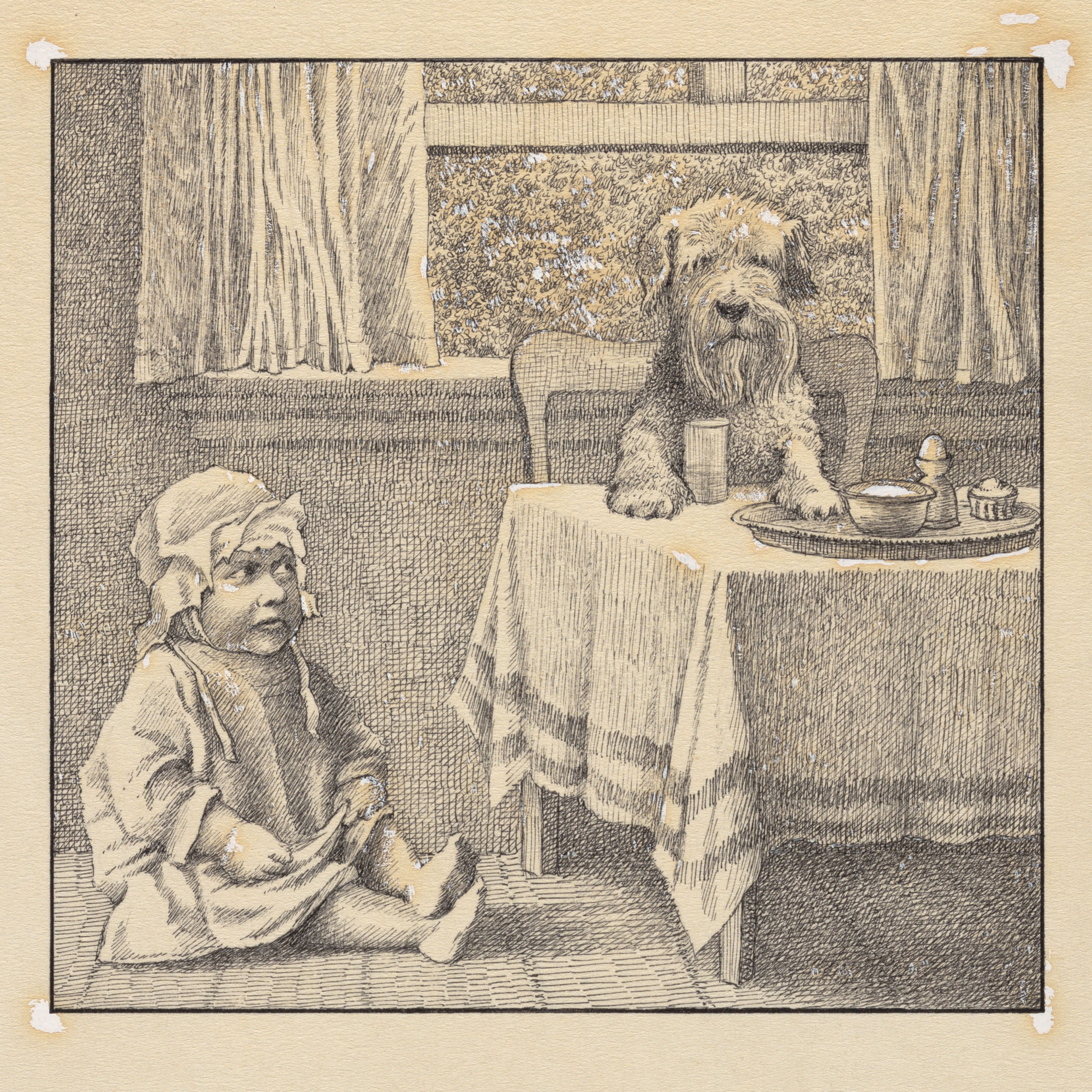 sketch from Higglety Pigglety Pop! of a baby sitting on the floor next to a table where a dog is sitting on a chair