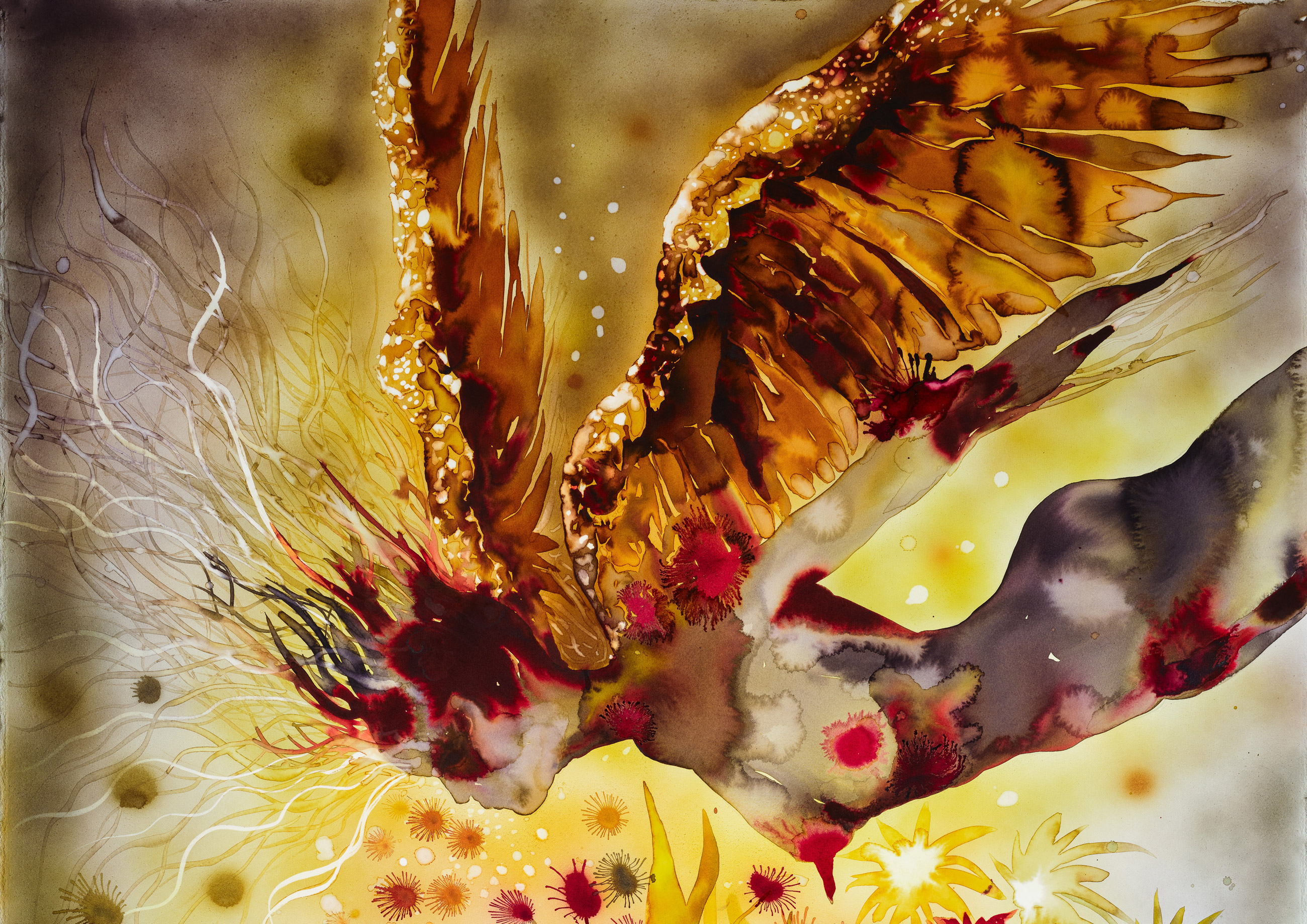 Figure resembling a woman and a butterfly descending in the air with outstretched arms