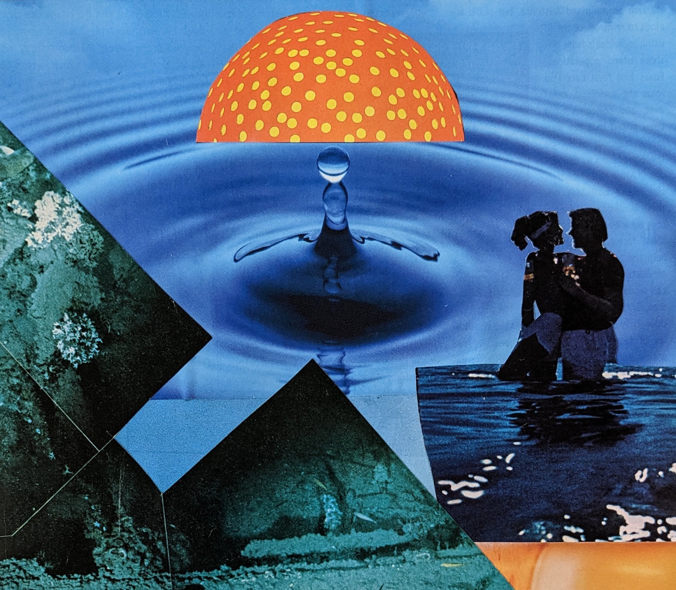 Mixed media collage of a drop in water surrounded by other figures and shapes