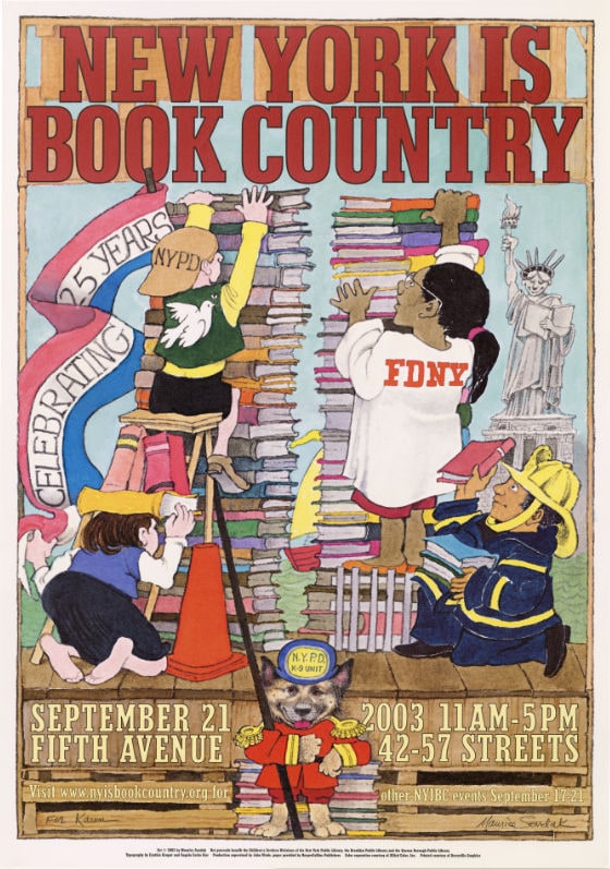 A poster for New York is Book Country featuring four people representing NYPD and FDNY building two towers out of books next to the Statue of Liberty, with a dog in uniform at the bottom.