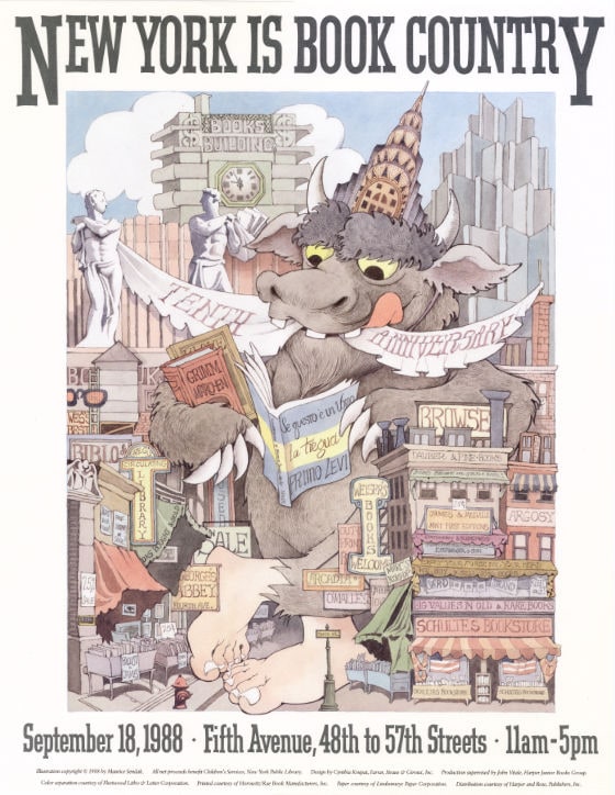 A poster for New York is Book Country featuring a giant monster reading a book while resting on small buildings with lots of signs. Two Greco-Roman style statues, two buildings made of books, and New York’s Chrysler building appear at the top of the poster.