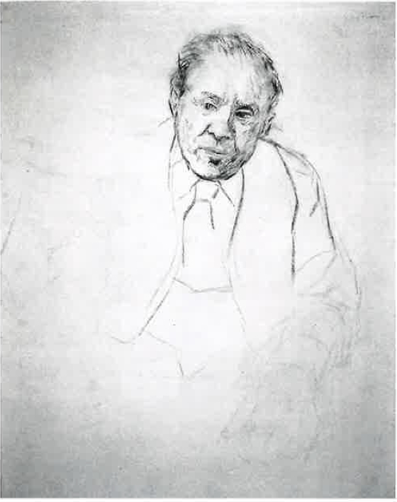 A charcoal sketch of the artist’s father, with heavy detail on the head and loose lines for the body.