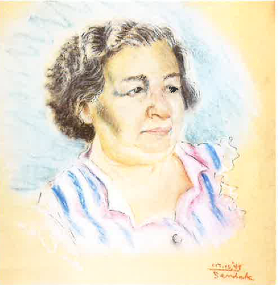 A pastel drawing of the artist’s mother in a ¾ view, with a pink and blue blouse on a light blue background.
