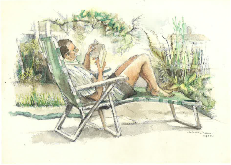 A watercolor painting of a man lying down on a deck chair reading a book, surrounded by bright green plants.