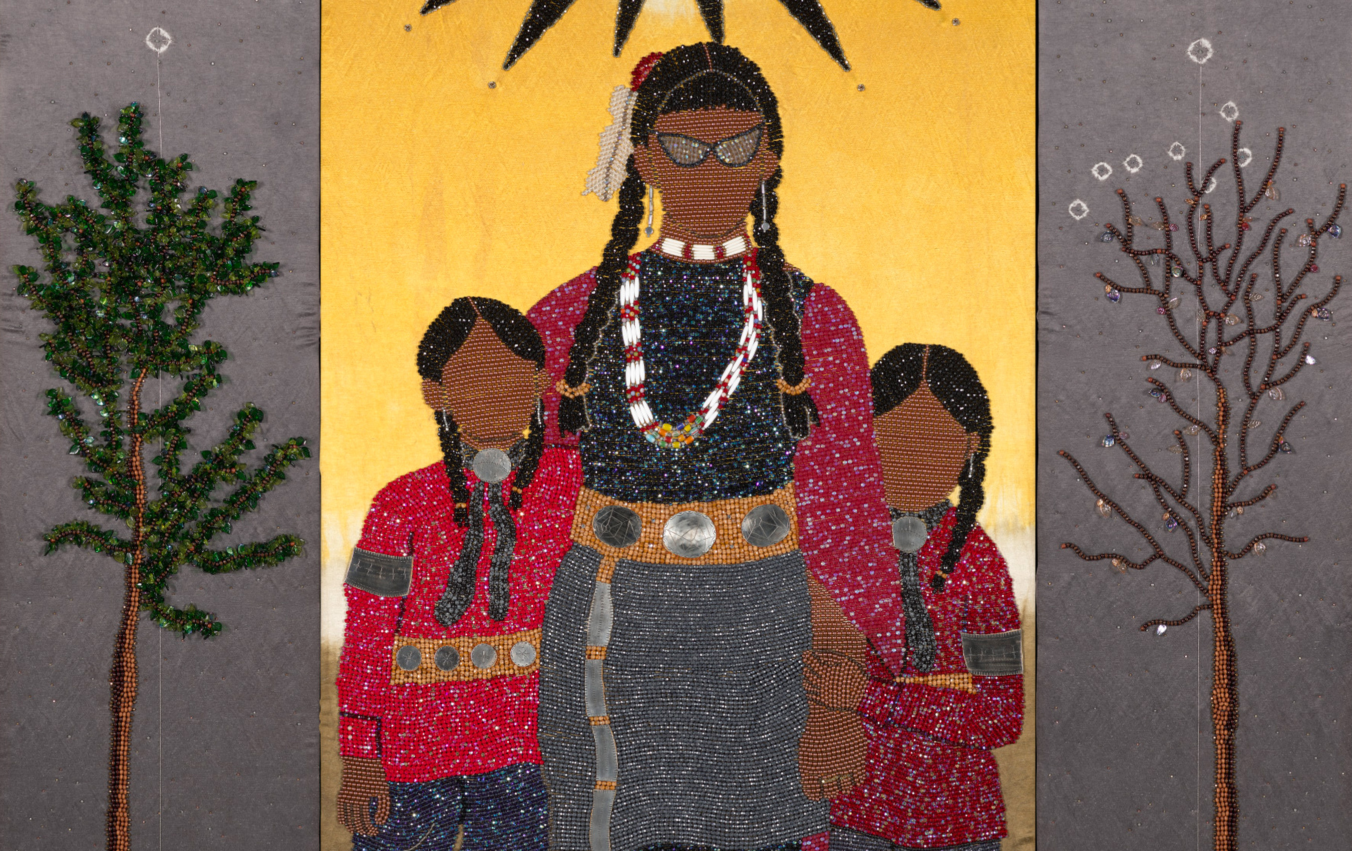 detail of Sons of the Sun artwork showing a woman standing between two boys and trees on each side of them