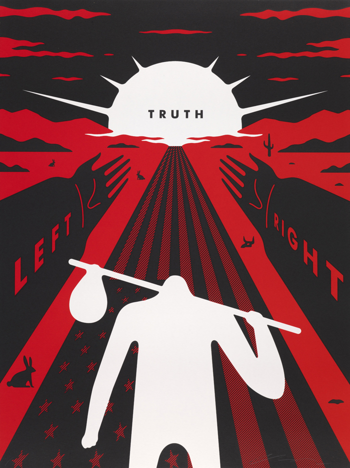Black, white, and red poster featuring a man choosing between right, wrong, and the truth