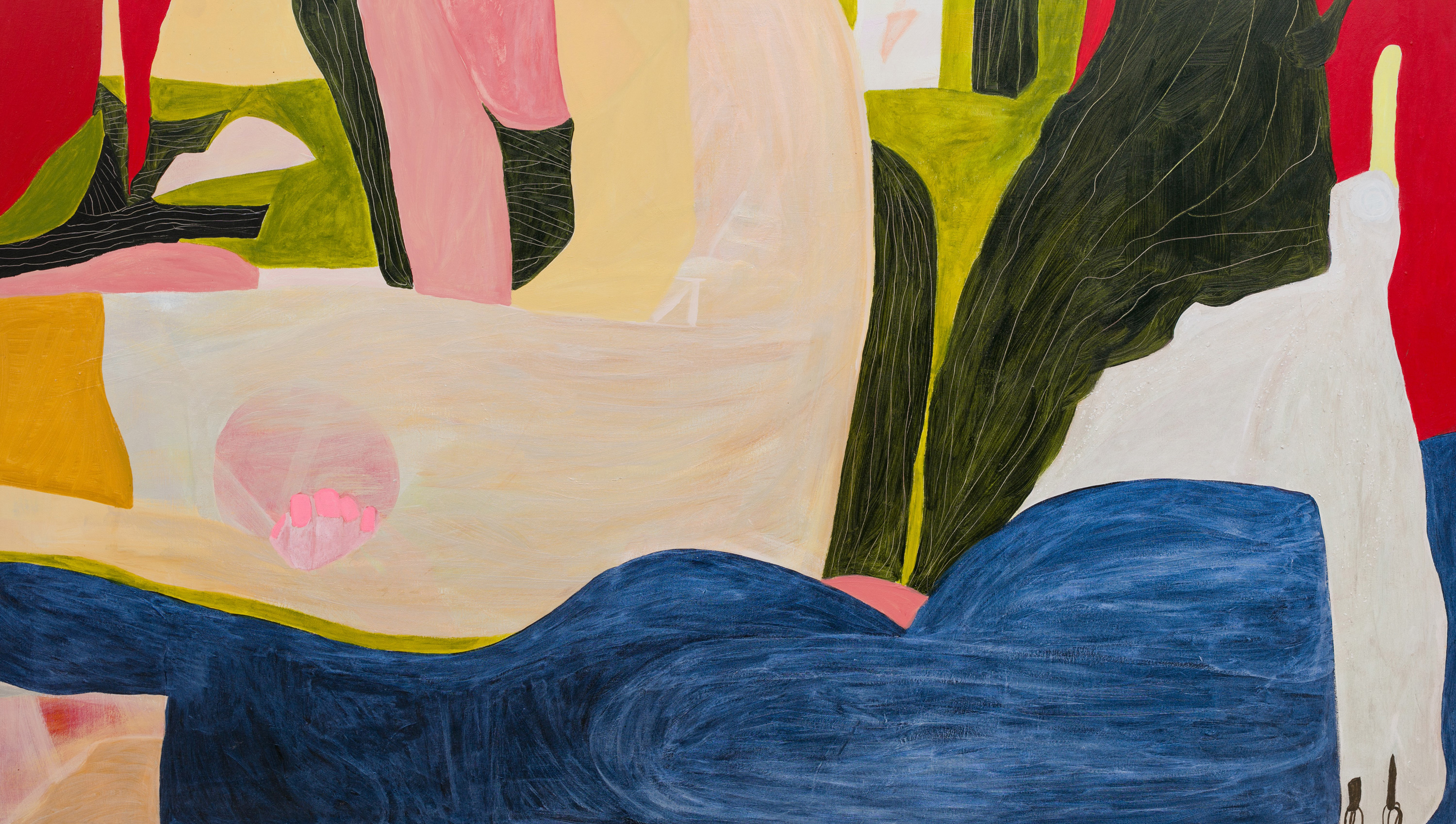 Abstract colorblock painting of a woman sleeping and dreaming in her bed