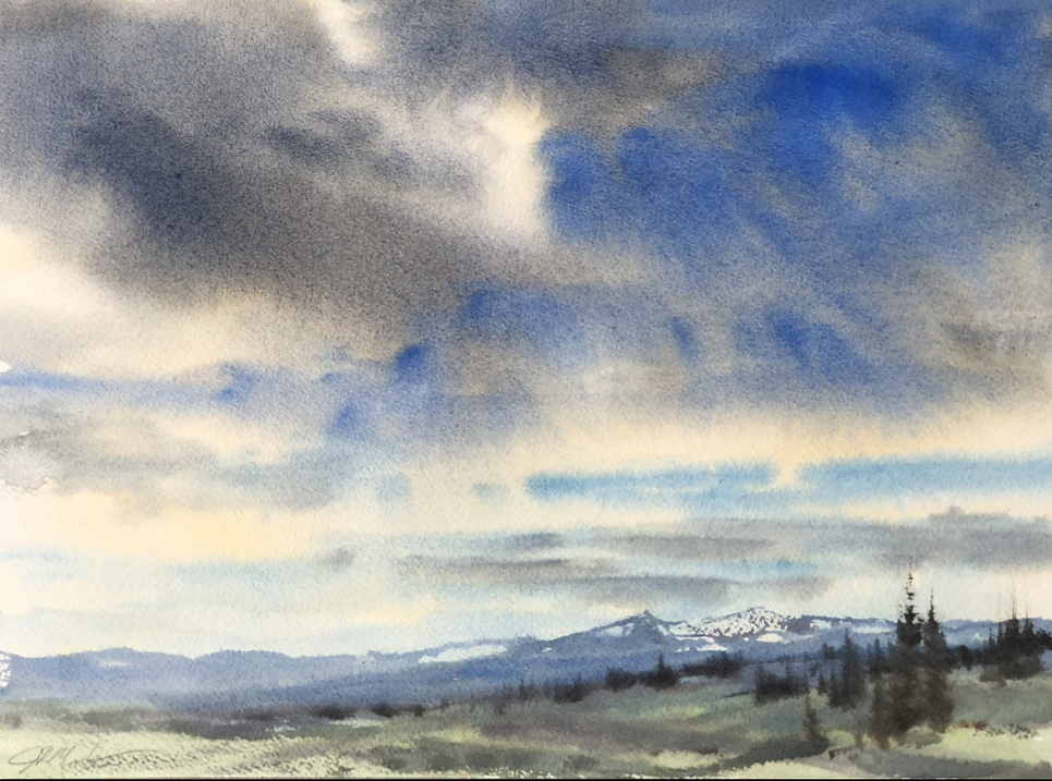 Watercolor painting of a gray and blue overcast sky in the mountains