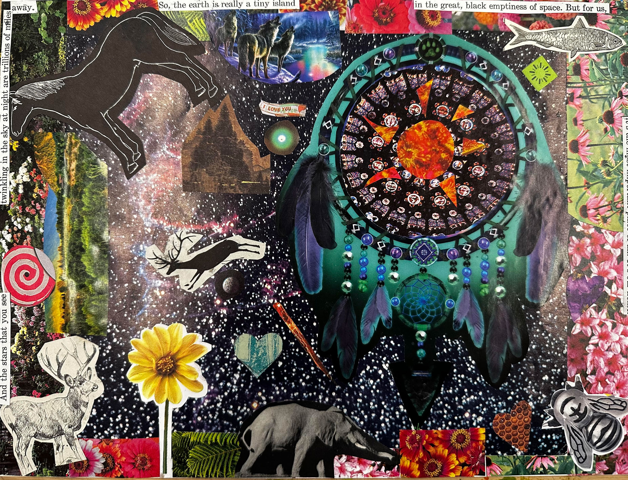 Mixed media collage featuring animals, design patterns, flowers, and more