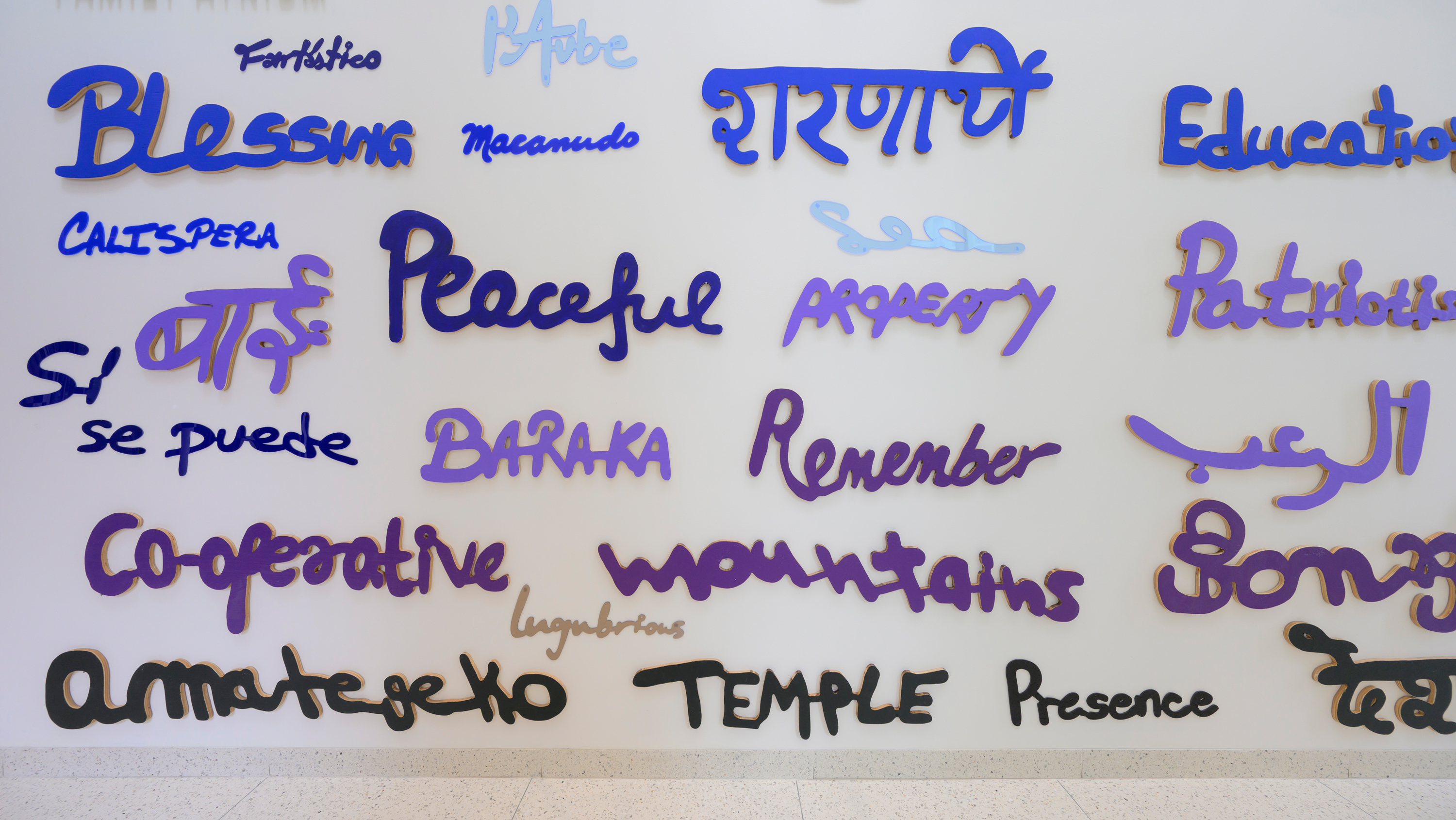Words on a wall in different colors, sizes, and languages