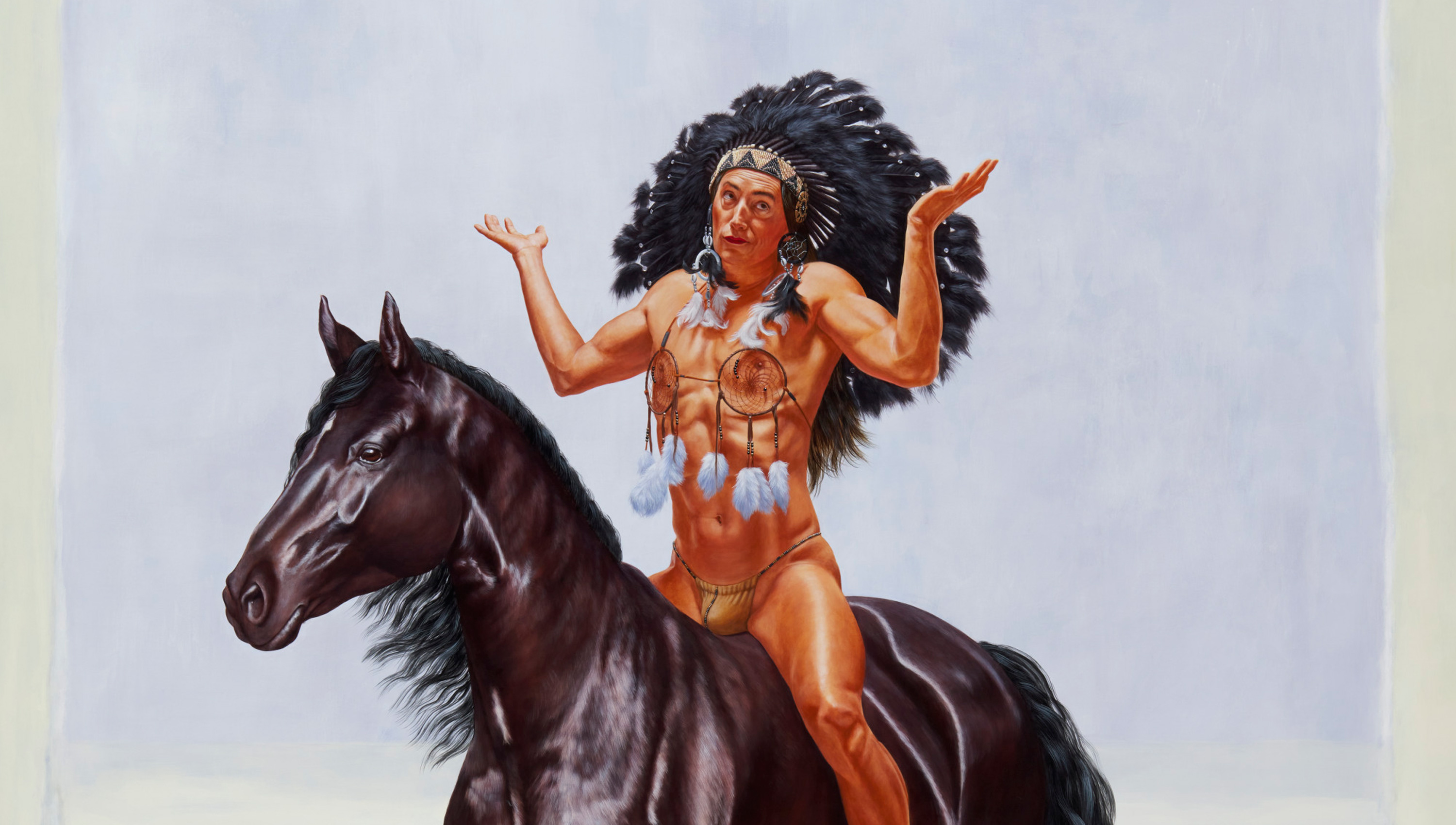 Native American man shrugging while atop a horse