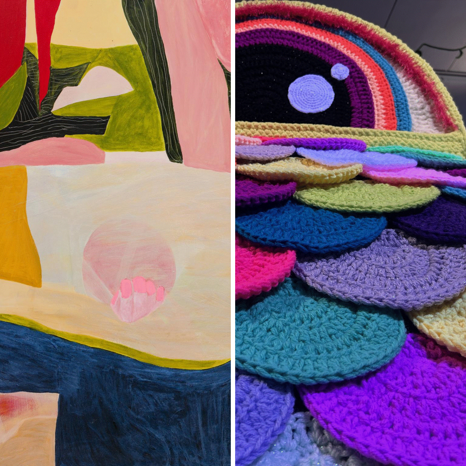 Split image of artworks by Susan Wick and Sadie Young