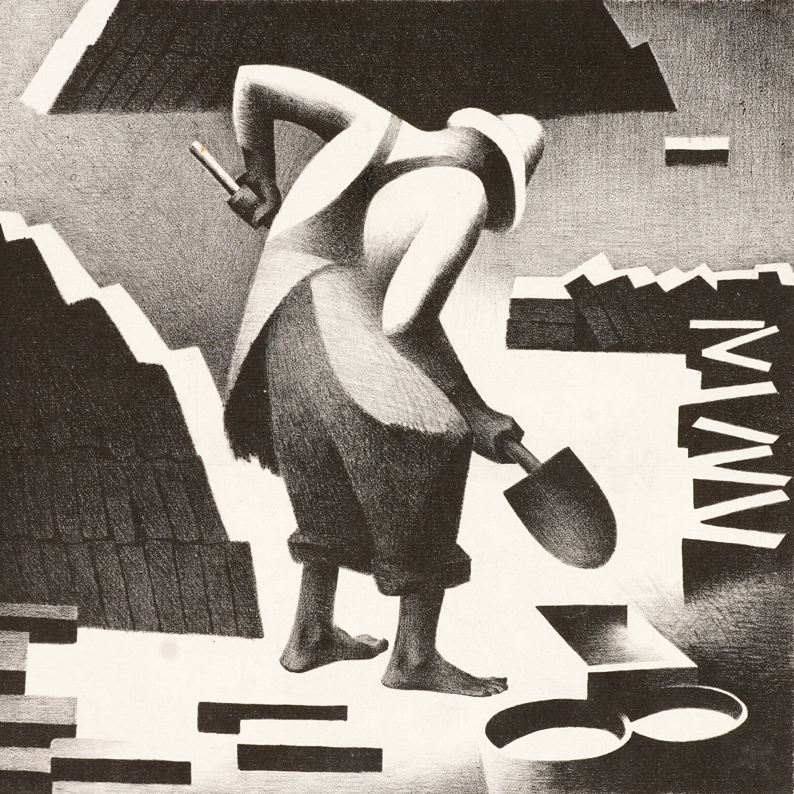 Drawing of a large man with a shovel laying brick