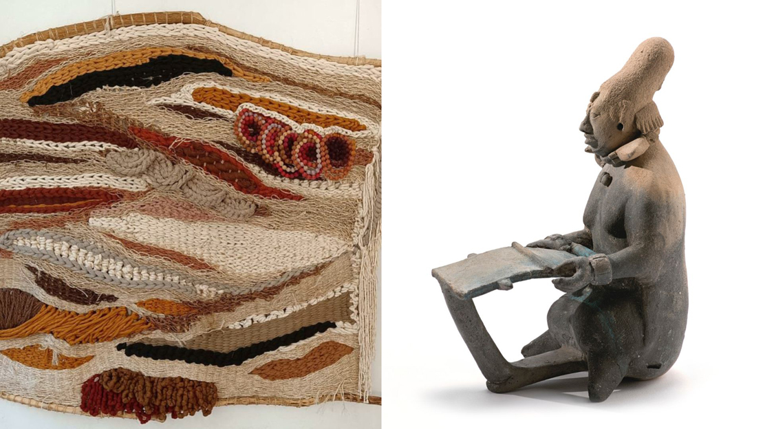 Splt image of an Indigenous figure facing sideways followed by a textile rug
