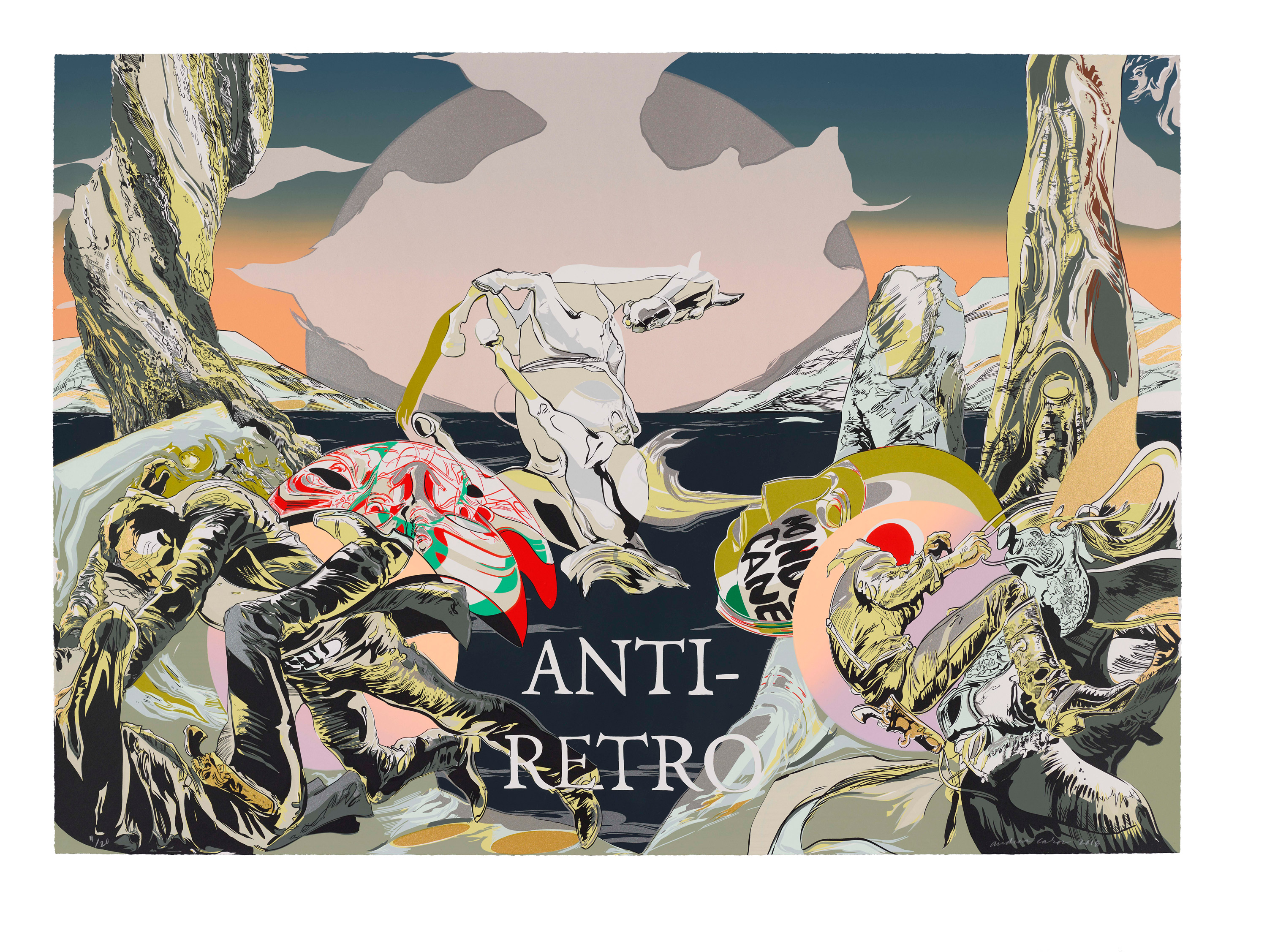 Screenprint artwork with the words &quot;anti-retro&quot; set against an abstract backdrop of human figures and waves