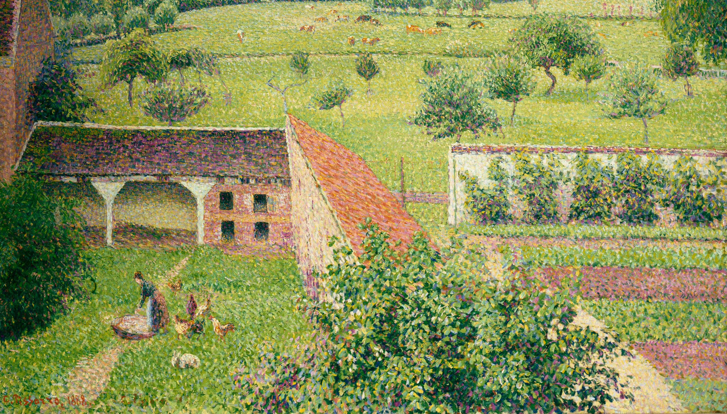 Impressionistic painting of a train moving through the countryside