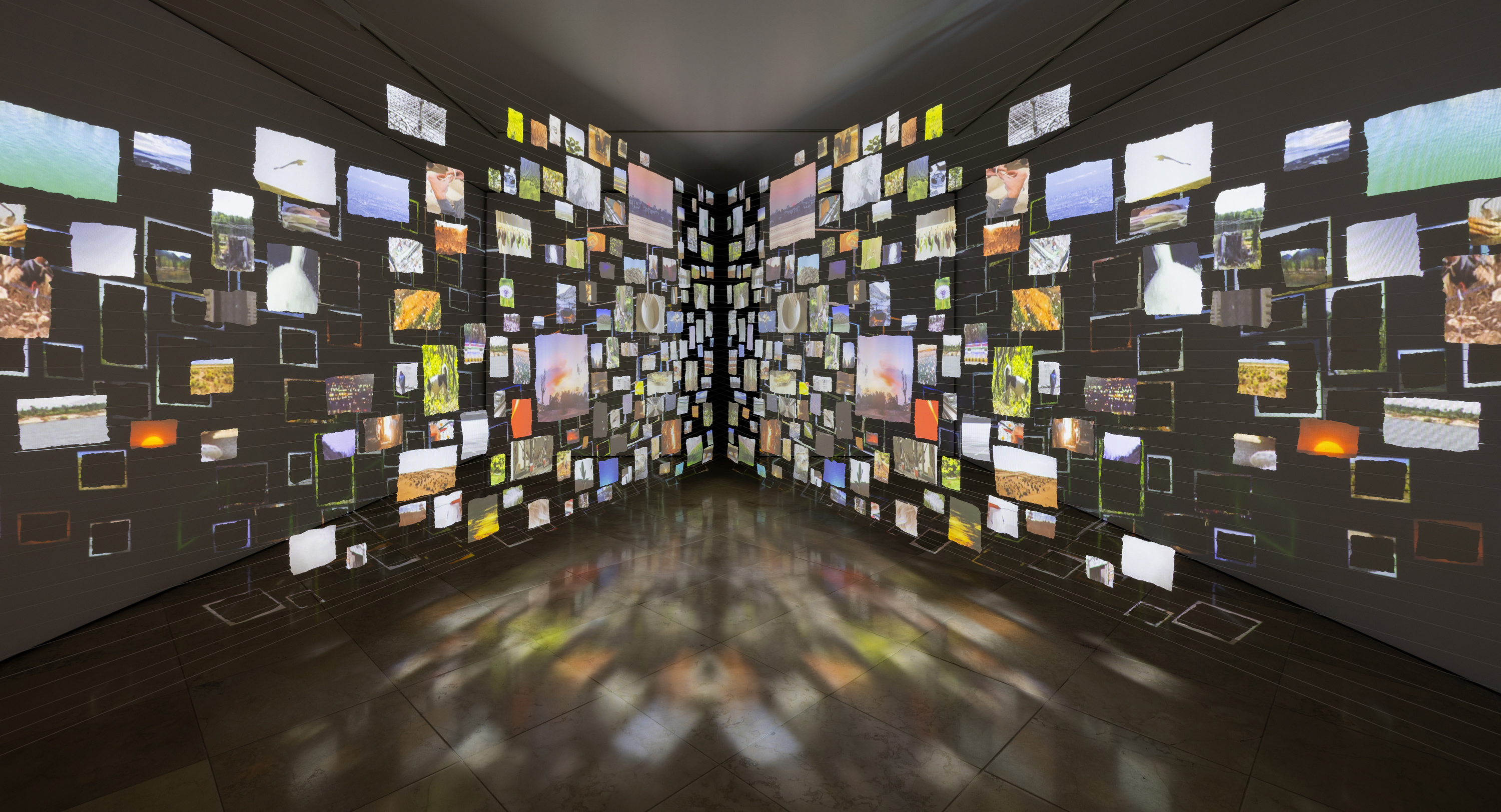 Gallery view of a video installation featuring dozens of smaller images projected onto a wall