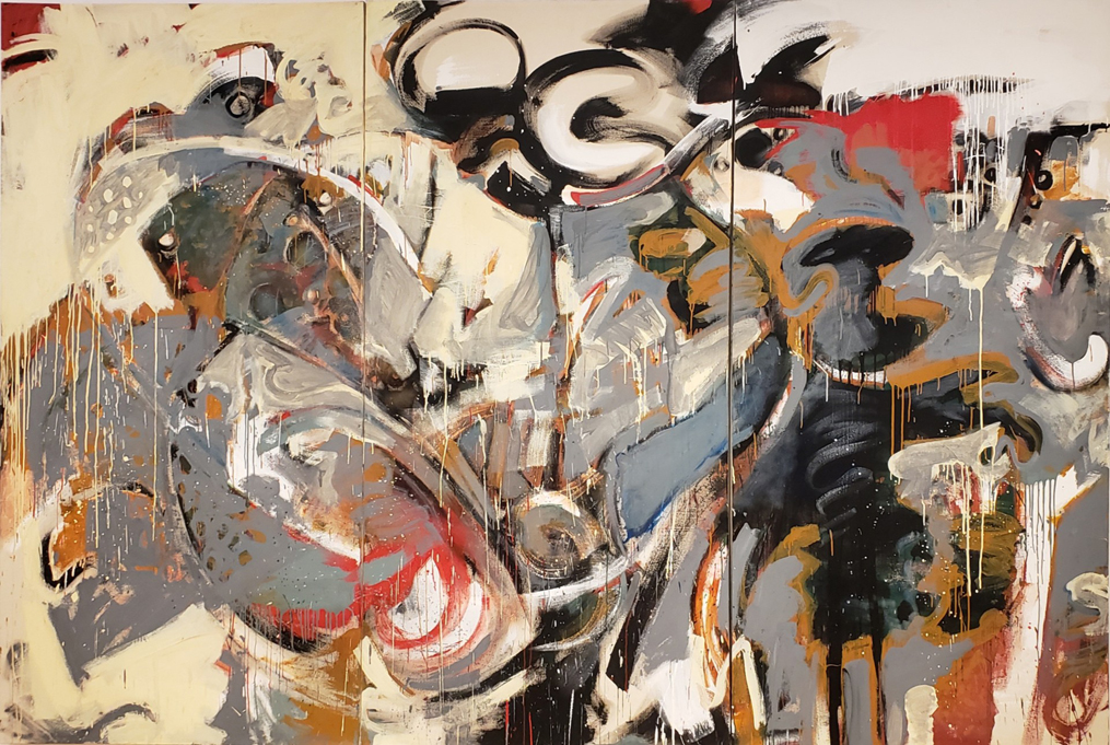 Abstract expressionist painting with thick, swirling circles of color