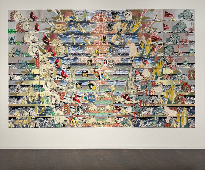 A large multi-panel artwork depicts a stacked shorescape with rough waves. White horse heads, rotating stage lighting, and distorted images are layered across the painting. The composition includes text and figures in an hourglass shape.