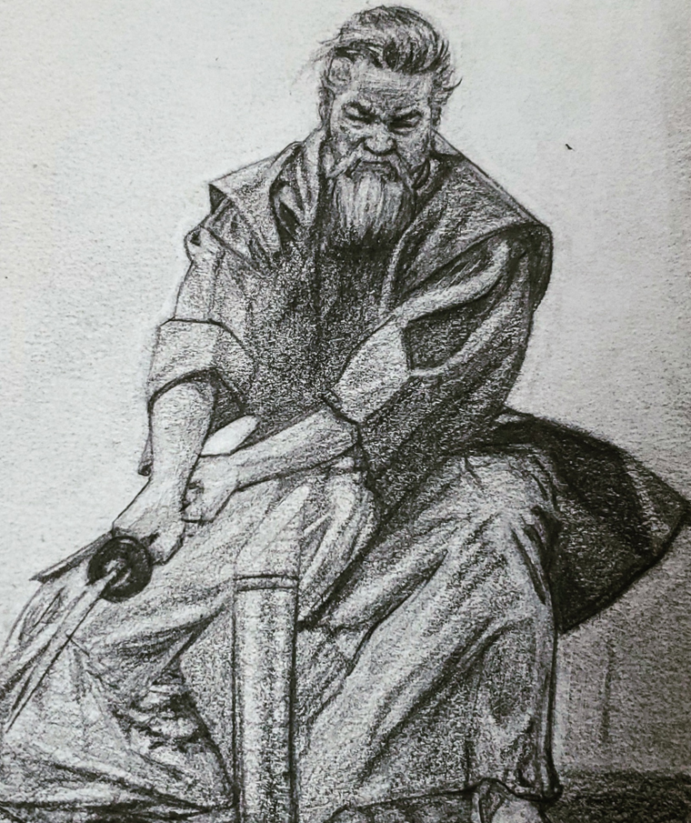 Graphite pencil sketch of a samurai drawing his sword
