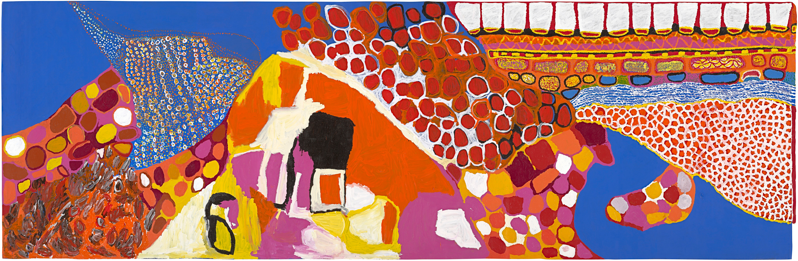 Abstract colorblock painting with different swirling dot patterns and imagery