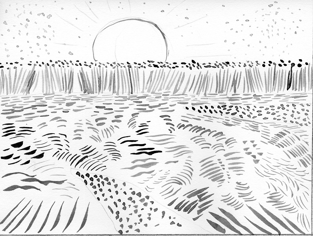 Ink landscape artwork with a sun rising above in the horizon