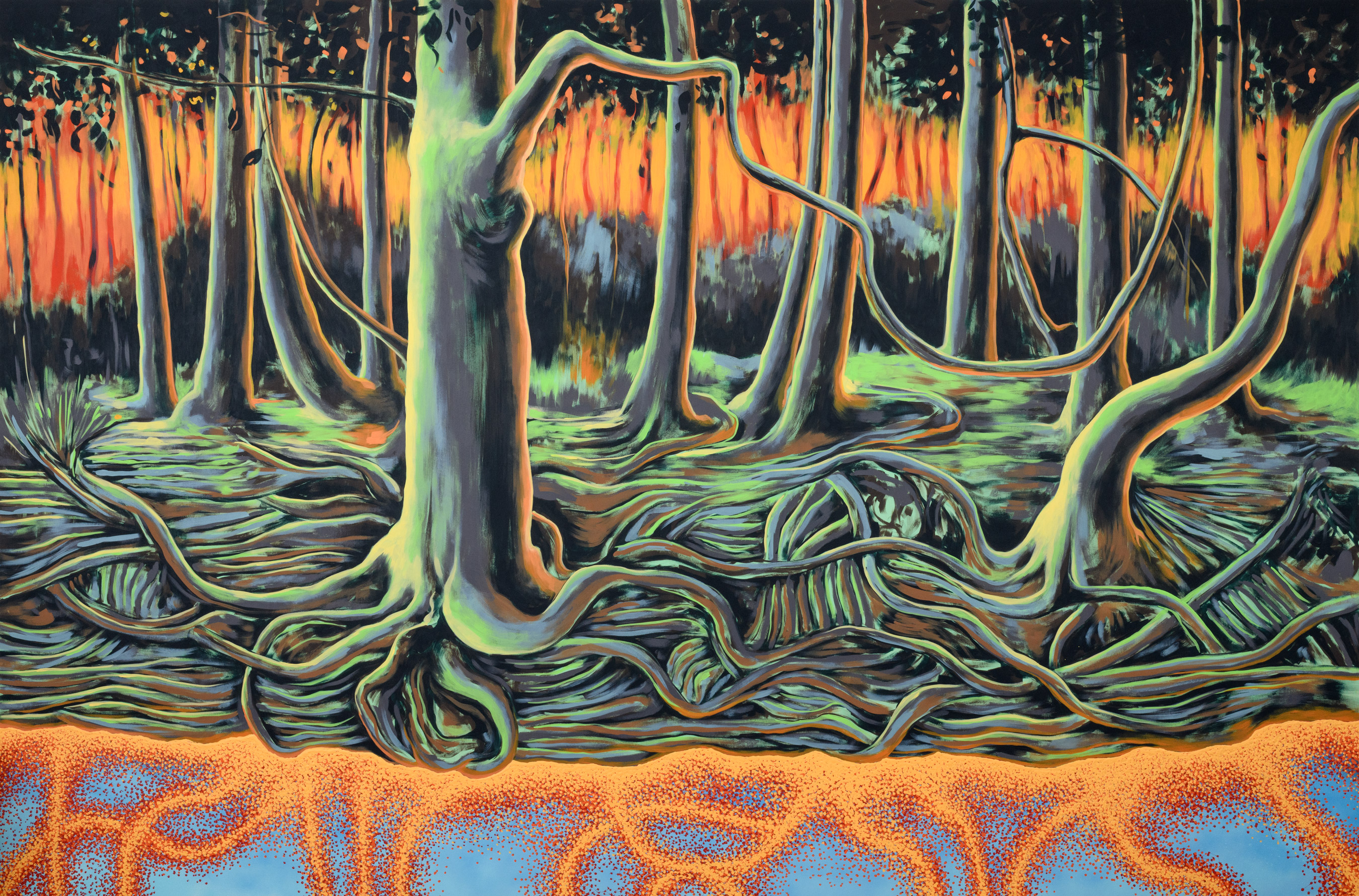 Psychadelic trees in a forest that's on fire in the distance