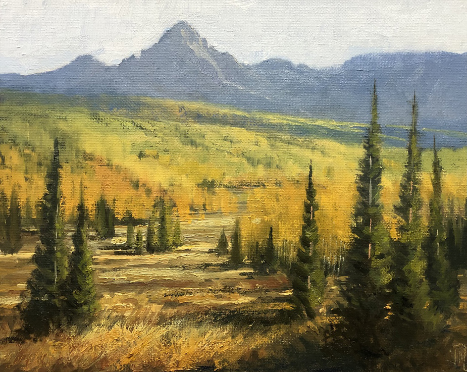 Oil painting of a yellow brush mountain landscape