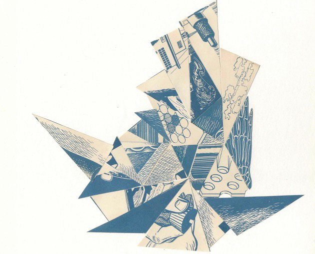 Origami bird-like artwork made out of collage materials